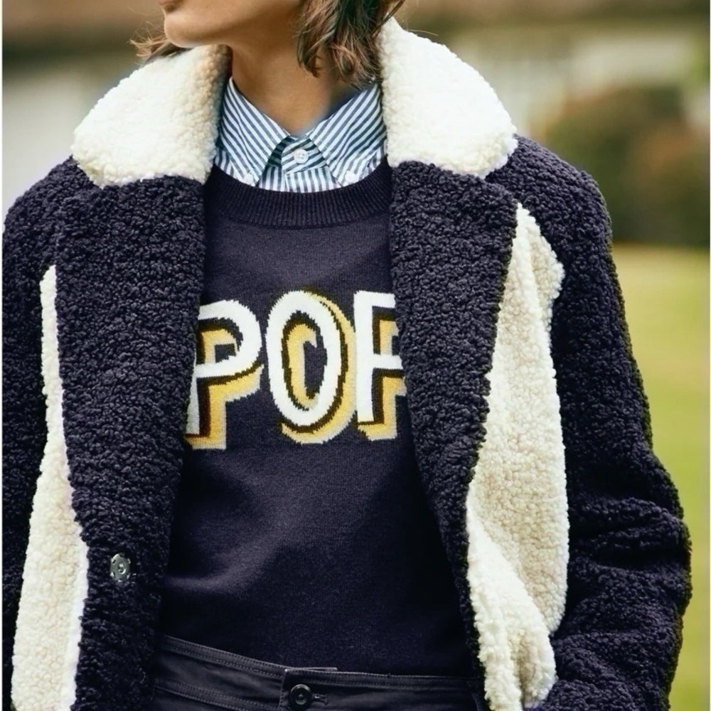 J.Crew Women’s Teddy Sherpa Colorblock Thick Coat Green Ivory Navy Blue - Picture 3 of 13